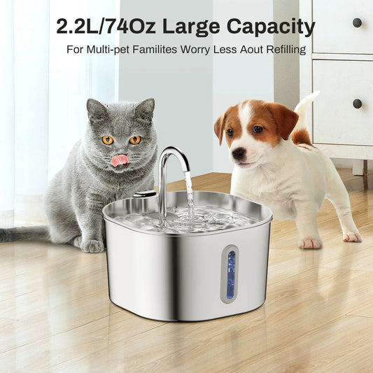 Automatic 2.2L Cat Water Fountain Square Stainless Steel Pet Water Feeder Dog Water Fountain with window(No 5V 1A Plug)